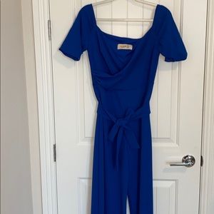Blue cold shoulder jumpsuit. Longer length